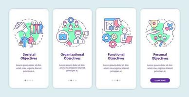 Objectives of Human resources management onboarding mobile app screen. Walkthrough 4 steps graphic instructions pages with linear concepts. UI, UX, GUI template. Myriad Pro-Bold, Regular fonts used vector