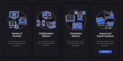 Elearning platforms features night mode onboarding mobile app screen. Walkthrough 4 steps graphic instructions pages with linear concepts. UI, UX, GUI template. Myriad Pro-Bold, Regular fonts used vector