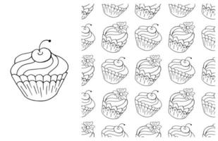 Coloring Cupcake. Set of element and seamless pattern vector