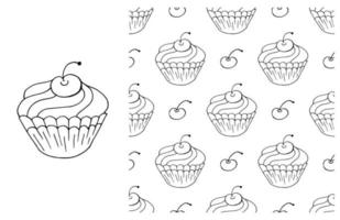 Coloring Cupcake. Set of element and seamless pattern vector