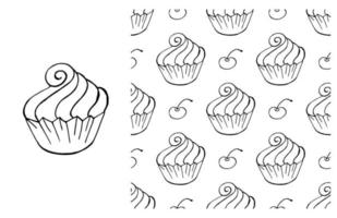 Coloring Cupcake. Set of element and seamless pattern vector