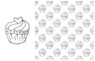 Coloring Cupcake. Set of element and seamless pattern vector