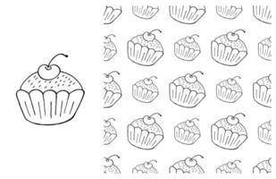 Coloring Cupcake. Set of element and seamless pattern vector