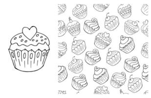 Coloring Cupcake. Set of element and seamless pattern vector