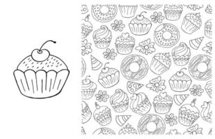 Coloring Cupcake. Set of element and seamless pattern vector