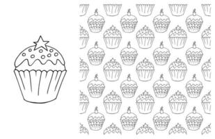 Coloring Cupcake. Set of element and seamless pattern vector
