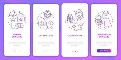 Skin types care purple gradient onboarding mobile app screen. Beauty walkthrough 4 steps graphic instructions pages with linear concepts. UI, UX, GUI template. Myriad Pro-Bold, Regular fonts used vector