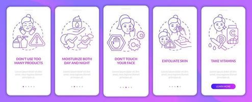 Skincare tips purple gradient onboarding mobile app screen. Treatment walkthrough 5 steps graphic instructions pages with linear concepts. UI, UX, GUI template. Myriad Pro-Bold, Regular fonts used vector