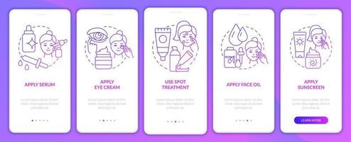 Skincare routine tips purple gradient onboarding mobile app screen. Skin walkthrough 5 steps graphic instructions pages with linear concepts. UI, UX, GUI template. Myriad Pro-Bold, Regular fonts used vector