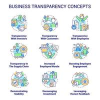 conjunto de iconos de concepto de transparencia empresarial. compartir información de la empresa. ilustraciones de color de línea delgada de idea de servicio al cliente confiable. dibujos de contorno aislados. roboto-medium, innumerables fuentes pro-bold utilizadas vector