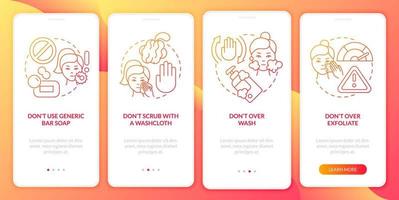 Skincare donts red gradient onboarding mobile app screen. Best care walkthrough 4 steps graphic instructions pages with linear concepts. UI, UX, GUI template. Myriad Pro-Bold, Regular fonts used vector