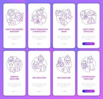 Skincare routine purple gradient onboarding mobile app screen set. Beauty walkthrough 4 steps graphic instructions pages with linear concepts. UI, UX, GUI template. Myriad Pro-Bold, Regular fonts used vector