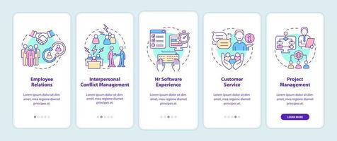 Skills for human resources manager onboarding mobile app screen. Walkthrough 5 steps graphic instructions pages with linear concepts. UI, UX, GUI template. Myriad Pro-Bold, Regular fonts used vector