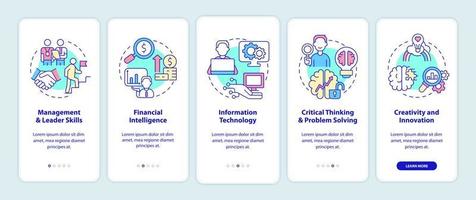 Habilidades para la gestión empresarial incorporando la pantalla de la aplicación móvil. tutorial 5 pasos páginas de instrucciones gráficas con conceptos lineales. interfaz de usuario, ux, plantilla de interfaz gráfica de usuario. innumerables fuentes pro-negrita y regulares utilizadas vector