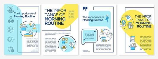 Morning routine importance blue and yellow brochure template. Booklet print design with linear icons. Vector layouts for presentation, annual reports, ads. Questrial-Regular, Lato-Regular fonts used