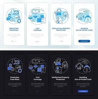 Insurance importance day and night theme onboarding mobile app screen. Walkthrough 4 steps graphic instructions pages with linear concepts. UI, UX, GUI template. Myriad Pro-Bold, Regular fonts used vector