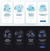 Coverage types day and night theme onboarding mobile app screen. Insured walkthrough 4 steps graphic instructions pages with linear concepts. UI, UX, GUI template. Myriad Pro-Bold, Regular fonts used vector