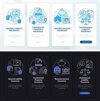 Insurance types day and night theme onboarding mobile app screen. Security walkthrough 4 step graphic instructions pages with linear concepts. UI, UX, GUI template. Myriad Pro-Bold, Regular fonts used vector