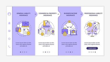 tipos de cobertura plantilla de incorporación púrpura y blanca. seguro. sitio web móvil receptivo con iconos de concepto lineal. Tutorial de página web Pantallas de 4 pasos. lato-negrita, fuentes regulares utilizadas vector