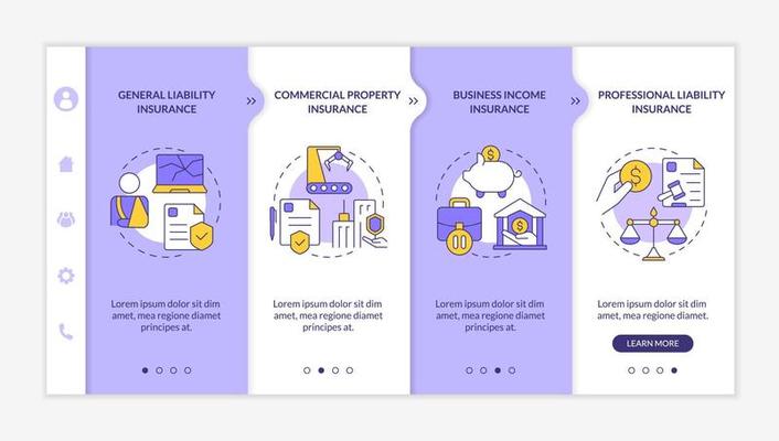 Coverage types purple and white onboarding template. Insurance. Responsive mobile website with linear concept icons. Web page walkthrough 4 step screens. Lato-Bold, Regular fonts used