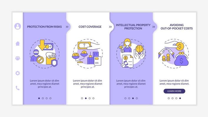 Corporate insurance importance purple and white onboarding template. Coverage. Responsive mobile website with linear concept icons. Web page walkthrough 4 step screens. Lato-Bold, Regular fonts used