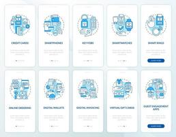 Conjunto de pantalla de aplicación móvil de incorporación azul de pago sin contacto. tutorial sin contacto 5 pasos páginas de instrucciones gráficas con conceptos lineales. interfaz de usuario, ux, plantilla de interfaz gráfica de usuario. innumerables fuentes pro-negrita y regulares utilizadas vector