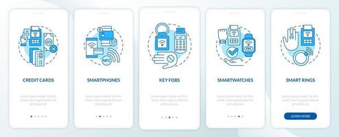 Payment methods blue onboarding mobile app screen. Cashless service walkthrough 5 steps graphic instructions pages with linear concepts. UI, UX, GUI template. Myriad Pro-Bold, Regular fonts used vector