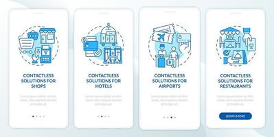 Contactless solution for public place blue onboarding mobile app screen. Walkthrough 4 step graphic instructions pages with linear concept. UI, UX, GUI template. Myriad Pro-Bold, Regular fonts used vector