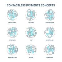 Contactless payments turquoise concept icons set. Smart service. System idea thin line color illustrations. Isolated outline drawings. Editable stroke. Roboto-Medium, Myriad Pro-Bold fonts used vector