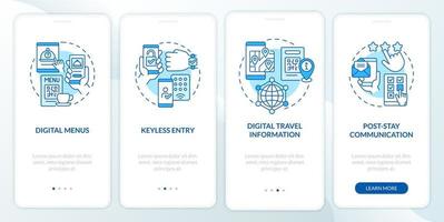 tecnología sin contacto para la pantalla azul de la aplicación móvil de incorporación de hoteles. tutorial 4 pasos páginas de instrucciones gráficas con conceptos lineales. interfaz de usuario, ux, plantilla de interfaz gráfica de usuario. innumerables fuentes pro-negrita y regulares utilizadas vector