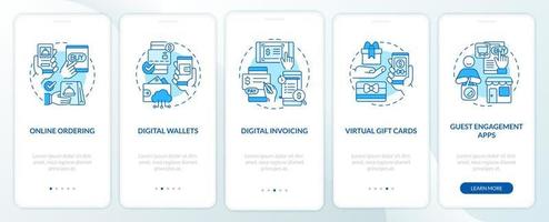 Contactless solution examples blue onboarding mobile app screen. Service walkthrough 5 steps graphic instructions pages with linear concepts. UI, UX, GUI template. Myriad Pro-Bold, Regular fonts used vector