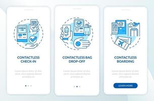 Contactless technology for travel blue onboarding mobile app screen. Walkthrough 3 steps graphic instructions pages with linear concepts. UI, UX, GUI template. Myriad Pro-Bold, Regular fonts used vector