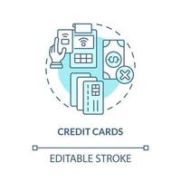 Credit cards turquoise concept icon. E wallets and payment online. System abstract idea thin line illustration. Isolated outline drawing. Editable stroke. Roboto-Medium, Myriad Pro-Bold fonts used vector