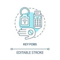 Key fobs turquoise concept icon. Innovative lock control. Touchless system abstract idea thin line illustration. Isolated outline drawing. Editable stroke. Roboto-Medium, Myriad Pro-Bold fonts used vector