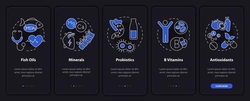 Dietary supplements night mode onboarding mobile app screen. Healthy food walkthrough 5 steps graphic instructions pages with linear concepts. UI, UX, GUI template. Myriad Pro-Bold, Regular fonts used vector