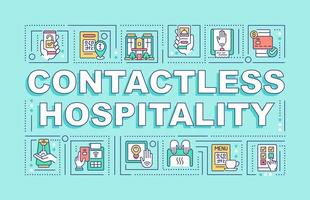 Contactless hospitality word concepts blue banner. Infographics with linear icons on background. Isolated typography. Vector outline color illustration with text. Arial-Black font used