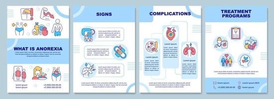 Anorexia blue brochure template. Nervosa signs and treatment. Booklet print design with linear icons. Vector layouts for presentation, annual reports, ads. Arial-Black, Myriad Pro-Regular fonts used