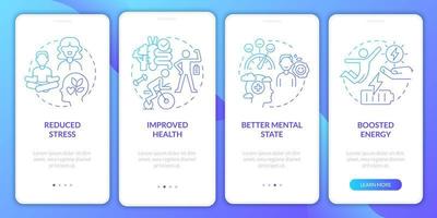 Life balance benefits blue gradient onboarding mobile app screen. Health walkthrough 4 steps graphic instructions pages with linear concepts. UI, UX, GUI template. Myriad Pro-Bold, Regular fonts used vector