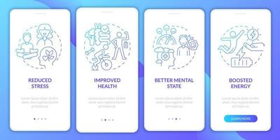 el equilibrio de vida beneficia la pantalla de la aplicación móvil de incorporación de degradado azul. tutorial de salud páginas de instrucciones gráficas de 4 pasos con conceptos lineales. interfaz de usuario, ux, plantilla de interfaz gráfica de usuario. innumerables fuentes pro-negrita y regulares utilizadas vector