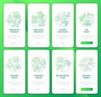 Life balance green gradient onboarding mobile app screen set. Selfcare walkthrough 4 steps graphic instructions pages with linear concepts. UI, UX, GUI template. Myriad Pro-Bold, Regular fonts used vector