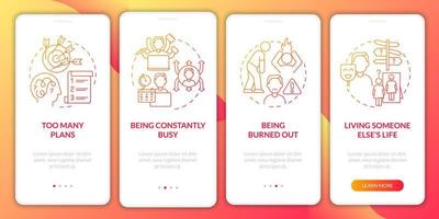 pantalla de la aplicación móvil de incorporación de degradado rojo de vida fuera de balance. Problema tutorial 4 pasos páginas de instrucciones gráficas con conceptos lineales. interfaz de usuario, ux, plantilla de interfaz gráfica de usuario. innumerables fuentes pro-negrita y regulares utilizadas vector