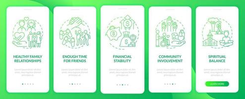 Signs of balanced life green gradient onboarding mobile app screen. Joy walkthrough 5 steps graphic instructions pages with linear concepts. UI, UX, GUI template. Myriad Pro-Bold, Regular fonts used vector