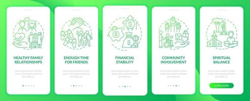 Signs of balanced life green gradient onboarding mobile app screen. Joy walkthrough 5 steps graphic instructions pages with linear concepts. UI, UX, GUI template. Myriad Pro-Bold, Regular fonts used vector