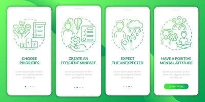 Balanced life tips green gradient onboarding mobile app screen. Lifestyle walkthrough 4 steps graphic instructions pages with linear concepts. UI, UX, GUI template. Myriad Pro-Bold, Regular fonts used vector