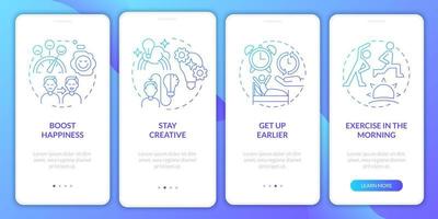 Living balanced life blue gradient onboarding mobile app screen. Selfcare walkthrough 4 steps graphic instructions pages with linear concepts. UI, UX, GUI template. Myriad Pro-Bold, Regular fonts used vector