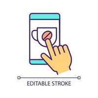 Make order for coffee RGB color icon. Automated coffee maker. Buy caffeine drink online. Mobile phone app. Isolated vector illustration. Simple filled line drawing. Editable stroke. Arial font used