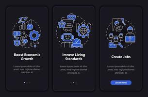 Positive automation impact night mode onboarding mobile app screen. Walkthrough 3 steps graphic instructions pages with linear concepts. UI, UX, GUI template. Myriad Pro-Bold, Regular fonts used vector