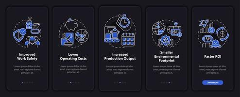 beneficios de la pantalla de la aplicación móvil incorporada en el modo nocturno de automatización. tutorial 5 pasos páginas de instrucciones gráficas con conceptos lineales. interfaz de usuario, ux, plantilla de interfaz gráfica de usuario. innumerables fuentes pro-negrita y regulares utilizadas vector