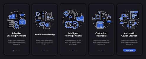 Automation of education night mode onboarding mobile app screen set. AI walkthrough 5 steps graphic instructions pages with linear concepts. UI, UX, GUI template. Myriad Pro-Bold, Regular fonts used vector