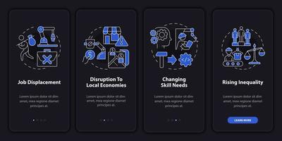 impacto negativo de la automatización en la pantalla de la aplicación móvil de incorporación del modo nocturno. tutorial 4 pasos páginas de instrucciones gráficas con conceptos lineales. interfaz de usuario, ux, plantilla de interfaz gráfica de usuario. innumerables fuentes pro-negrita y regulares utilizadas vector